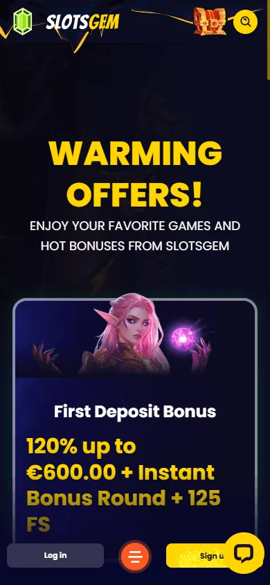 Slotsgem Casino mobile promotions area with free spins offer