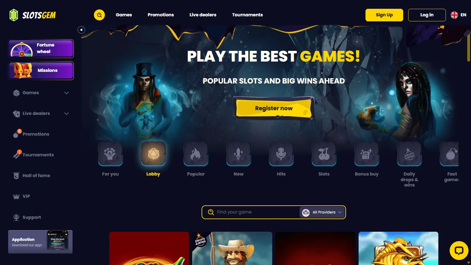 Slotsgem Casino desktop lobby with live casino and table games